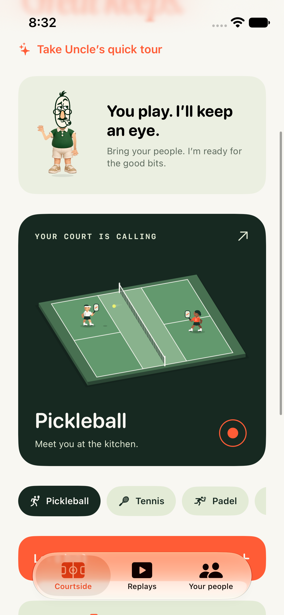 Uncle Ref iOS beta courtside screen with pickleball court and sport selection